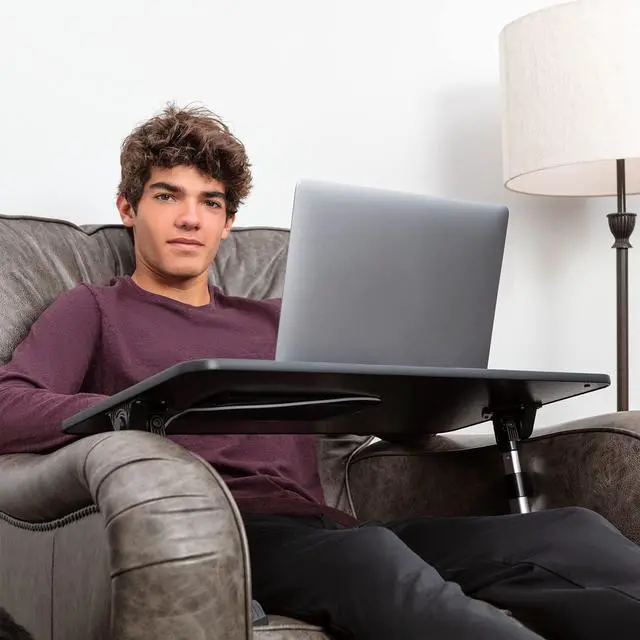 Alt view image 4 of 7 - Lap Desk Brown Large Wood Top - Fits Up to 17" Laptop - with Dual Cushion, Wrist Rest & Built-in Mouse Pad, Portable Laptop Stand for Bed, Multifunctional Slot for Tablet, Pen & Phone
