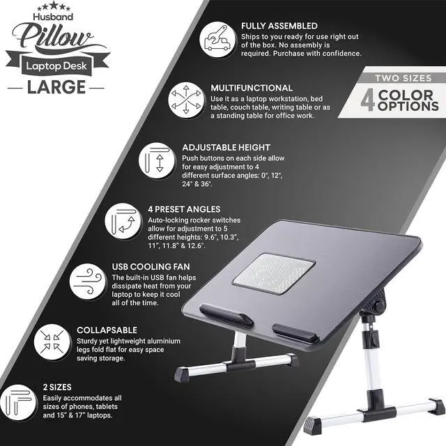 Alt view image 3 of 7 - Lap Desk Black Large Wood Top - Fits Up to 17" Laptop - with Dual Cushion, Wrist Rest & Built-in Mouse Pad, Portable Laptop Stand for Bed, Multifunctional Slot for Tablet, Pen & Phone