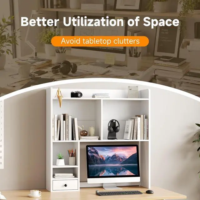 Alt view image 4 of 7 - Desktop Bookshelf for 27" Monitor, Space-Saving Engineered Wood Desk Hutch Organizer with Adjustable Shelves & Drawer, Clutter-Free Tabletop Bookcase for Dorm & Home Office, White