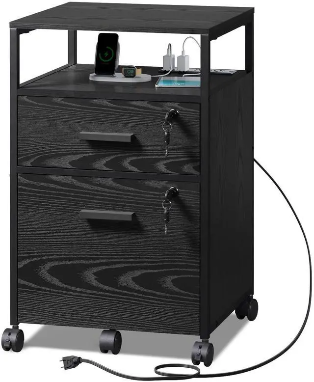 Main image of 2 Drawer File Cabinet with Lock and Charging Station | Wood Filing Cabinet fits A4 or Letter Size, Mobile Printer Stand with Open Storage Shelf for Home Office, Black