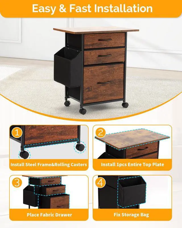 Alt view image 4 of 7 - Printer Stand with 3 Fabric Drawer, Mobile File Cabinet for Home Office with Storage Bag, Rolling Under Desk Organizer Shelf, Fits A4 or Letter Size, Complete Top Plate Fast Assembly
