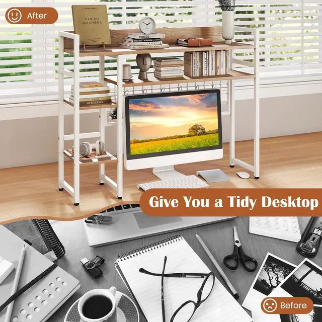 Alt view image 4 of 7 - Desktop Bookshelf, 37" Desk Shelf for Up to 32" Computer Monitor, 4 Tier Desktop Display Shelves w/Grid Panel, 6 Movable Hooks, Anti-tip Device, Desk Hutch for Home Office Dorm (Natural)