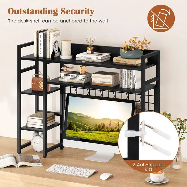 Alt view image 6 of 7 - Desktop Bookshelf, 37" Desk Shelf for Up to 32" Computer Monitors, 4 Tier Desktop Display Shelves with Grid Panel, 6 Movable Hooks, Anti-tip Device, Desk Hutch for Home Office Dorm (Black)