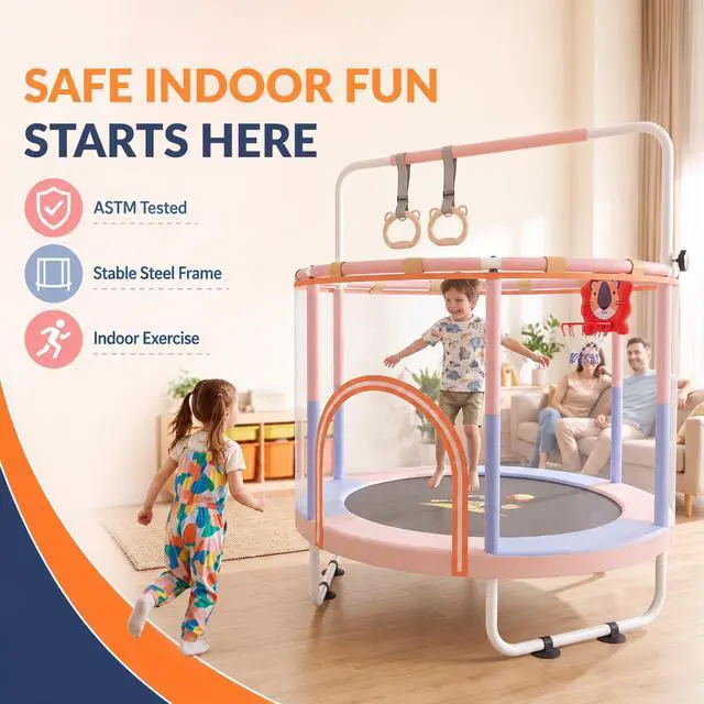 Alt view image 2 of 7 - 60'' Toddler Trampoline with Safety Enclosure Net, Trampoline for Kids Certified by ASTM USA 2-8 Year Old for Indoor, Lawn Garden