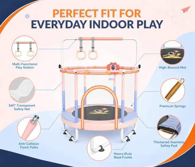 Alt view image 5 of 7 - 60'' Toddler Trampoline with Safety Enclosure Net, Trampoline for Kids Certified by ASTM USA 2-8 Year Old for Indoor, Lawn Garden