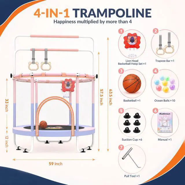 Alt view image 7 of 7 - 60'' Toddler Trampoline with Safety Enclosure Net, Trampoline for Kids Certified by ASTM USA 2-8 Year Old for Indoor, Lawn Garden