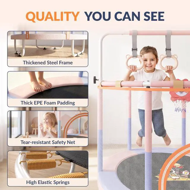 Alt view image 6 of 7 - 60'' Toddler Trampoline with Safety Enclosure Net, Trampoline for Kids Certified by ASTM USA 2-8 Year Old for Indoor, Lawn Garden