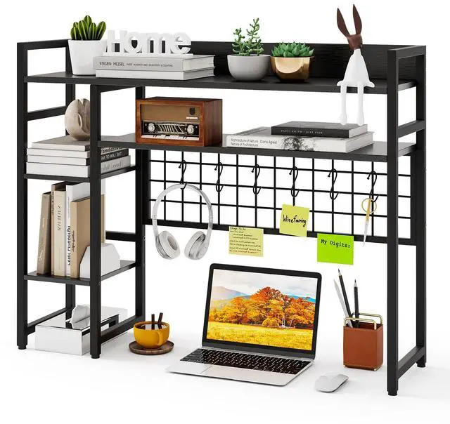 Main image of Desktop Bookshelf, 37 Inch Desk Shelf for Computer Monitor, 4-Tier Desk Hutch with Grid Panel 6 Hooks Set, Industrial Countertop Storage Organizer Shelf for Home Office, Dorm (Black)