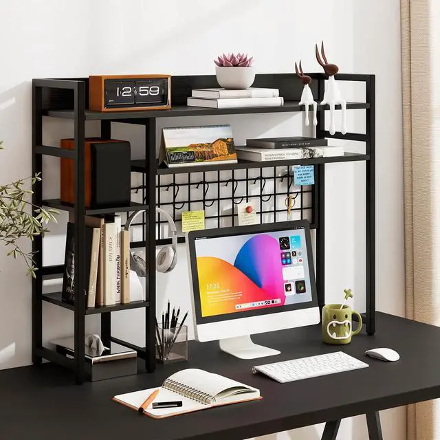 Alt view image 2 of 7 - Desktop Bookshelf, 37 Inch Desk Shelf for Computer Monitor, 4-Tier Desk Hutch with Grid Panel 6 Hooks Set, Industrial Countertop Storage Organizer Shelf for Home Office, Dorm (Black)