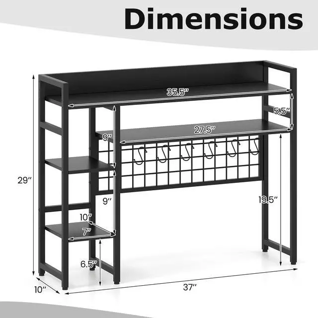 Alt view image 3 of 7 - Desktop Bookshelf, 37 Inch Desk Shelf for Computer Monitor, 4-Tier Desk Hutch with Grid Panel 6 Hooks Set, Industrial Countertop Storage Organizer Shelf for Home Office, Dorm (Black)
