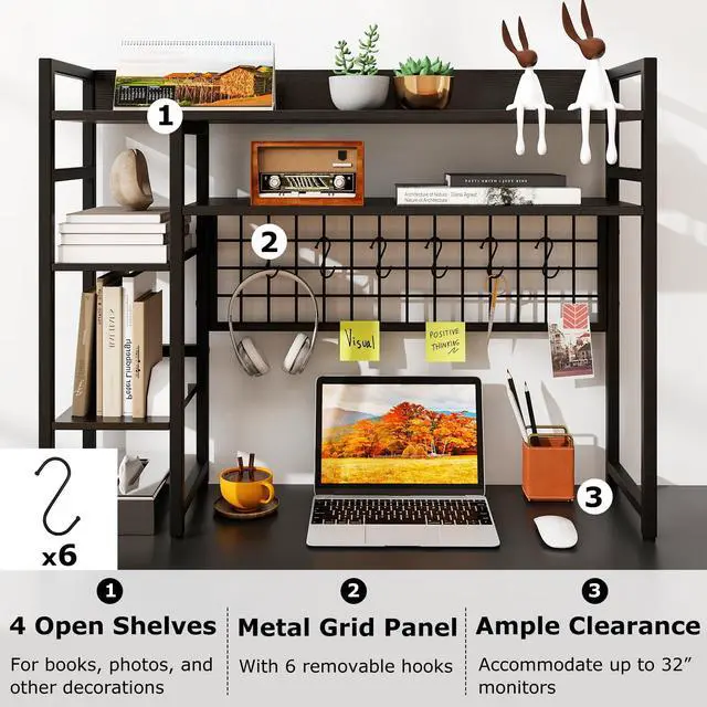 Alt view image 4 of 7 - Desktop Bookshelf, 37 Inch Desk Shelf for Computer Monitor, 4-Tier Desk Hutch with Grid Panel 6 Hooks Set, Industrial Countertop Storage Organizer Shelf for Home Office, Dorm (Black)