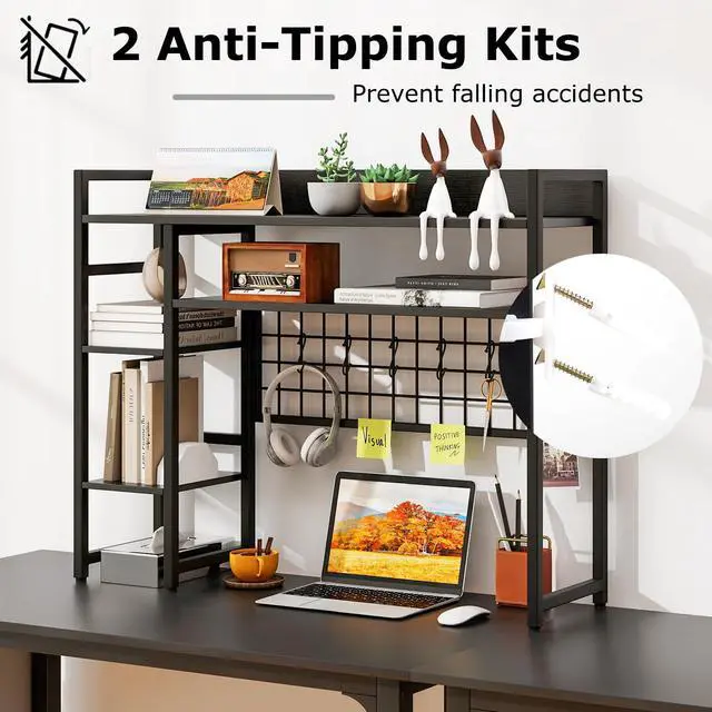 Alt view image 5 of 7 - Desktop Bookshelf, 37 Inch Desk Shelf for Computer Monitor, 4-Tier Desk Hutch with Grid Panel 6 Hooks Set, Industrial Countertop Storage Organizer Shelf for Home Office, Dorm (Black)