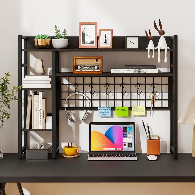 Alt view image 7 of 7 - Desktop Bookshelf, 37 Inch Desk Shelf for Computer Monitor, 4-Tier Desk Hutch with Grid Panel 6 Hooks Set, Industrial Countertop Storage Organizer Shelf for Home Office, Dorm (Black)