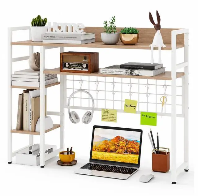 Main image of Desktop Bookshelf, 37 Inch Desk Shelf for Computer Monitor, 4-Tier Desk Hutch with Grid Panel 6 Hooks Set, Modern Countertop Storage Organizer Shelf for Home Office, Dorm (Natural & White)