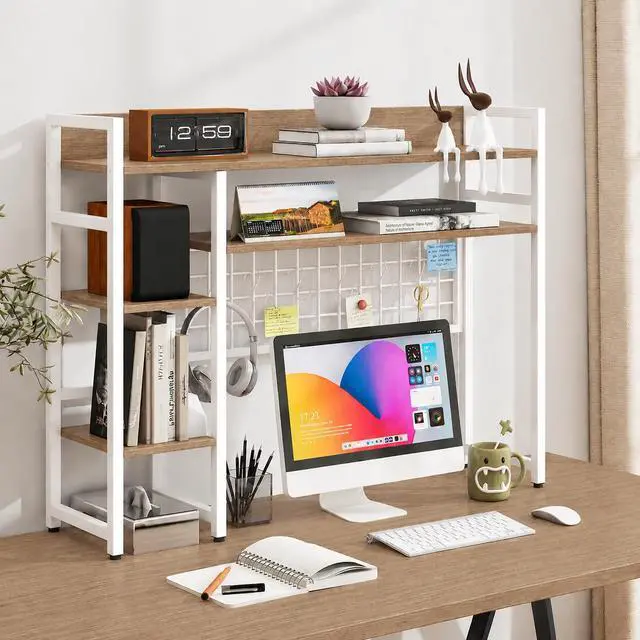 Alt view image 2 of 7 - Desktop Bookshelf, 37 Inch Desk Shelf for Computer Monitor, 4-Tier Desk Hutch with Grid Panel 6 Hooks Set, Modern Countertop Storage Organizer Shelf for Home Office, Dorm (Natural & White)