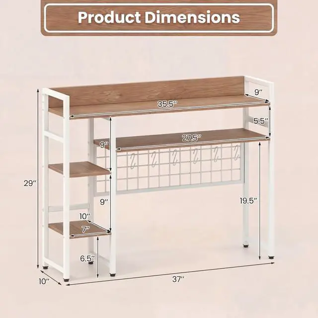 Alt view image 3 of 7 - Desktop Bookshelf, 37 Inch Desk Shelf for Computer Monitor, 4-Tier Desk Hutch with Grid Panel 6 Hooks Set, Modern Countertop Storage Organizer Shelf for Home Office, Dorm (Natural & White)