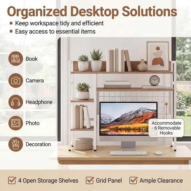 Alt view image 4 of 7 - Desktop Bookshelf, 37 Inch Desk Shelf for Computer Monitor, 4-Tier Desk Hutch with Grid Panel 6 Hooks Set, Modern Countertop Storage Organizer Shelf for Home Office, Dorm (Natural & White)