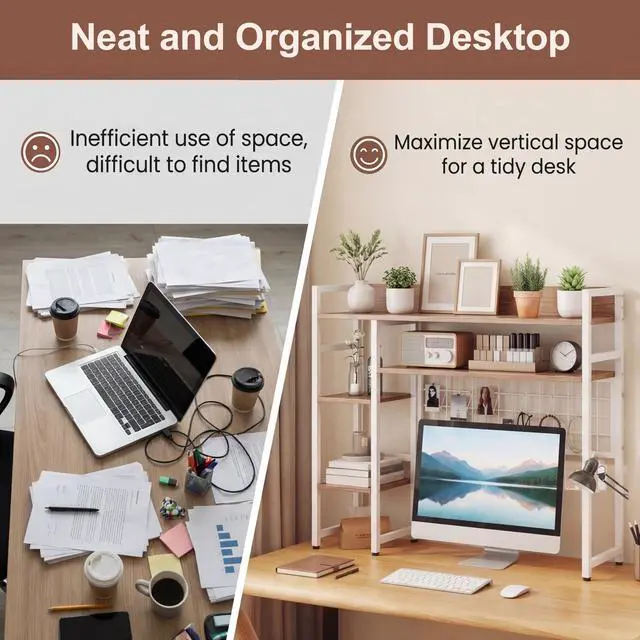 Alt view image 5 of 7 - Desktop Bookshelf, 37 Inch Desk Shelf for Computer Monitor, 4-Tier Desk Hutch with Grid Panel 6 Hooks Set, Modern Countertop Storage Organizer Shelf for Home Office, Dorm (Natural & White)