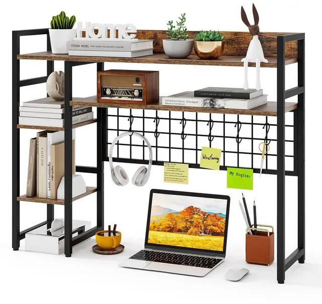 Main image of Desktop Bookshelf, 37 Inch Desk Shelf for Computer Monitor, 4-Tier Desk Hutch with Grid Panel 6 Hooks Set, Industrial Countertop Storage Organizer Shelf for Home Office, Dorm (Rustic Brown)