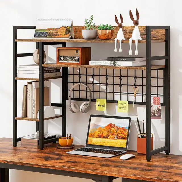 Alt view image 2 of 7 - Desktop Bookshelf, 37 Inch Desk Shelf for Computer Monitor, 4-Tier Desk Hutch with Grid Panel 6 Hooks Set, Industrial Countertop Storage Organizer Shelf for Home Office, Dorm (Rustic Brown)