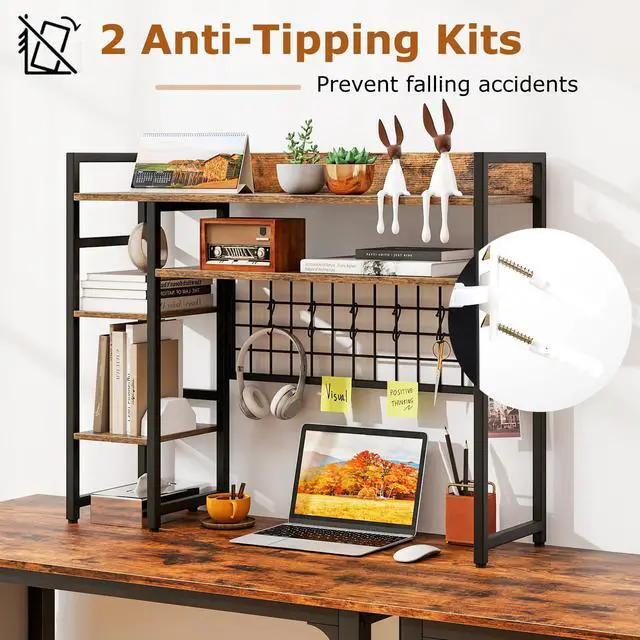 Alt view image 5 of 7 - Desktop Bookshelf, 37 Inch Desk Shelf for Computer Monitor, 4-Tier Desk Hutch with Grid Panel 6 Hooks Set, Industrial Countertop Storage Organizer Shelf for Home Office, Dorm (Rustic Brown)
