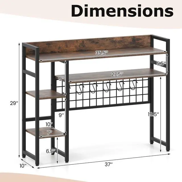 Alt view image 3 of 7 - Desktop Bookshelf, 37 Inch Desk Shelf for Computer Monitor, 4-Tier Desk Hutch with Grid Panel 6 Hooks Set, Industrial Countertop Storage Organizer Shelf for Home Office, Dorm (Rustic Brown)