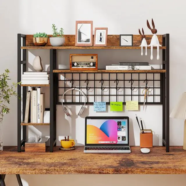 Alt view image 7 of 7 - Desktop Bookshelf, 37 Inch Desk Shelf for Computer Monitor, 4-Tier Desk Hutch with Grid Panel 6 Hooks Set, Industrial Countertop Storage Organizer Shelf for Home Office, Dorm (Rustic Brown)