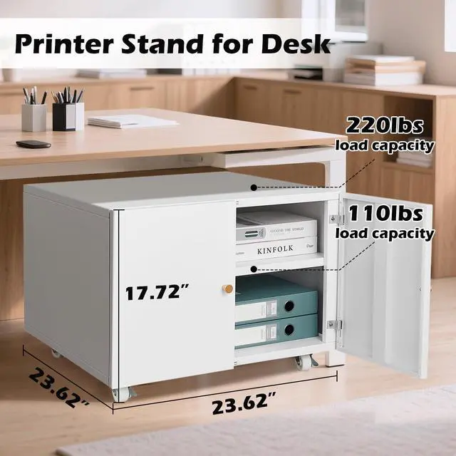 Alt view image 2 of 7 - Fridge Cabinet Metal Large Fridge Stand with Storage Mobile Printer Stand on Wheels with Doors and Adjustable Shelf Rolling Printer Table Cart for Home Office Small Space (White-17.72''H)