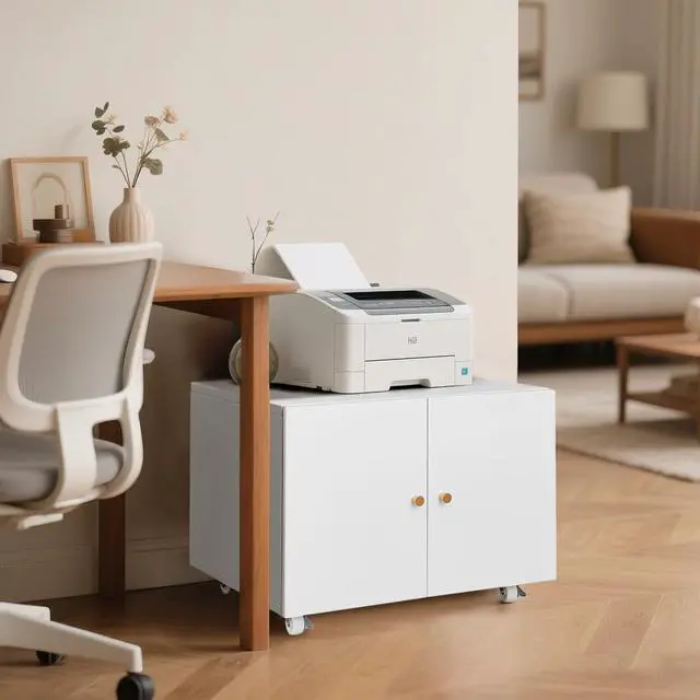 Alt view image 6 of 7 - Fridge Cabinet Metal Large Fridge Stand with Storage Mobile Printer Stand on Wheels with Doors and Adjustable Shelf Rolling Printer Table Cart for Home Office Small Space (White-17.72''H)