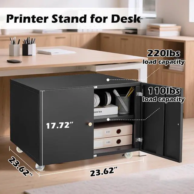 Alt view image 2 of 7 - Fridge Cabinet Metal Large Fridge Stand with Storage Mobile Printer Stand on Wheels with Doors and Adjustable Shelf Rolling Printer Table Cart for Home Office Small Space (Black-17.72''H)