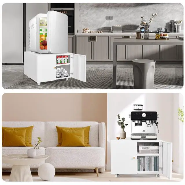 Alt view image 7 of 7 - Fridge Cabinet Metal Large Fridge Stand with Storage Mobile Printer Stand on Wheels with Doors and Adjustable Shelf Rolling Printer Table Cart for Home Office Small Space (White-17.72''H)