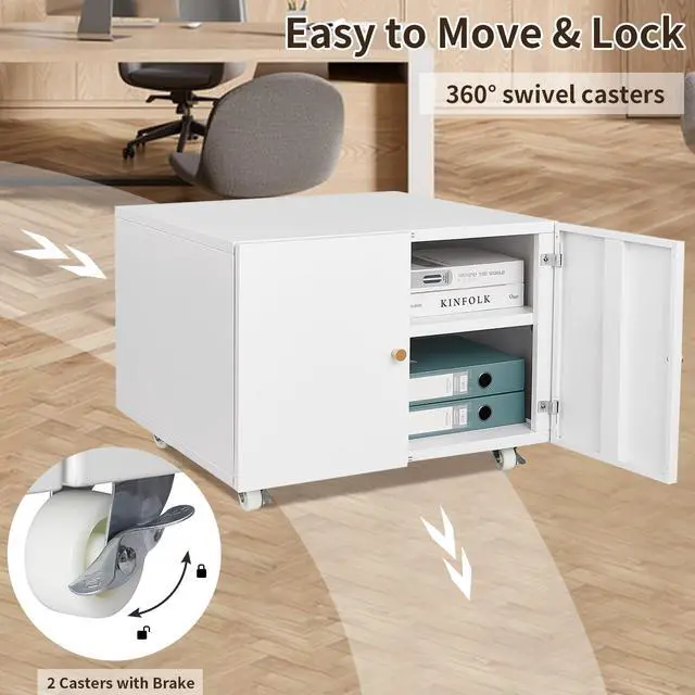 Alt view image 3 of 7 - Fridge Cabinet Metal Large Fridge Stand with Storage Mobile Printer Stand on Wheels with Doors and Adjustable Shelf Rolling Printer Table Cart for Home Office Small Space (White-17.72''H)