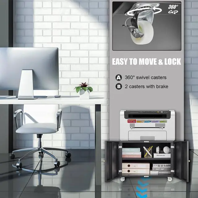 Alt view image 3 of 7 - Fridge Cabinet Metal Large Fridge Stand with Storage Mobile Printer Stand on Wheels with Doors and Adjustable Shelf Rolling Printer Table Cart for Home Office Small Space (Black-17.72''H)