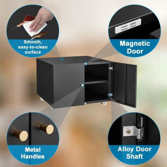 Alt view image 5 of 7 - Fridge Cabinet Metal Large Fridge Stand with Storage Mobile Printer Stand on Wheels with Doors and Adjustable Shelf Rolling Printer Table Cart for Home Office Small Space (Black-17.72''H)