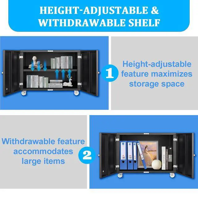 Alt view image 4 of 7 - Fridge Cabinet Metal Large Fridge Stand with Storage Mobile Printer Stand on Wheels with Doors and Adjustable Shelf Rolling Printer Table Cart for Home Office Small Space (Black-17.72''H)
