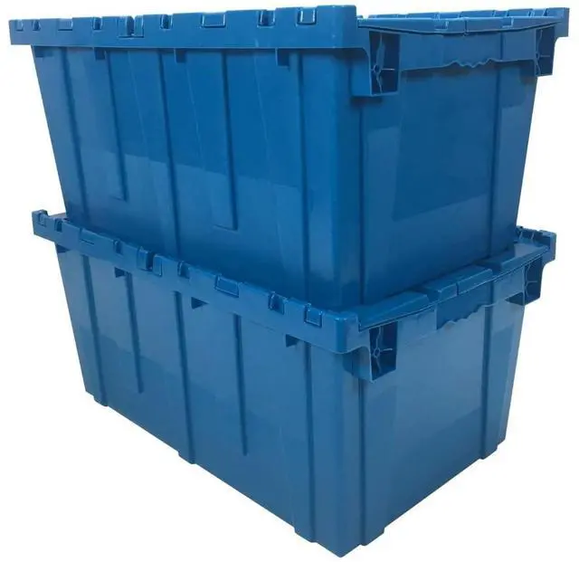 Main image of Storage Plastic Tote Crate Attached Lid, 27"x16.9"x12.5", Blue, 2 Pack