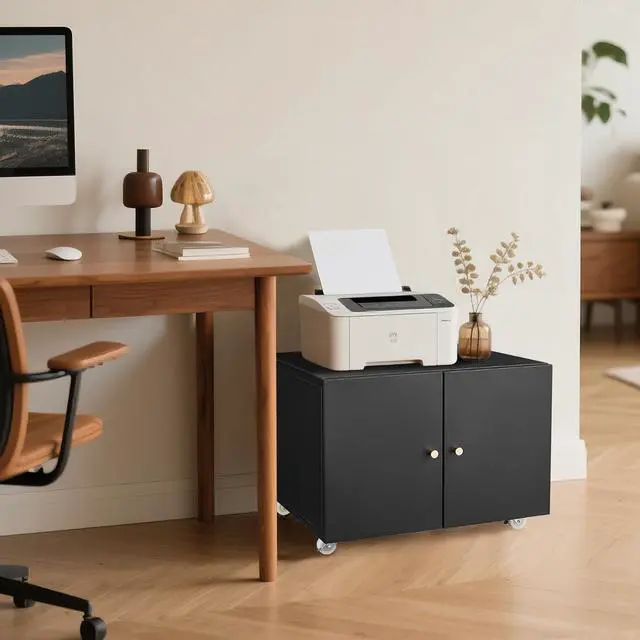 Alt view image 6 of 7 - Fridge Cabinet Metal Large Fridge Stand with Storage Mobile Printer Stand on Wheels with Doors and Adjustable Shelf Rolling Printer Table Cart for Home Office Small Space (Black-17.72''H)