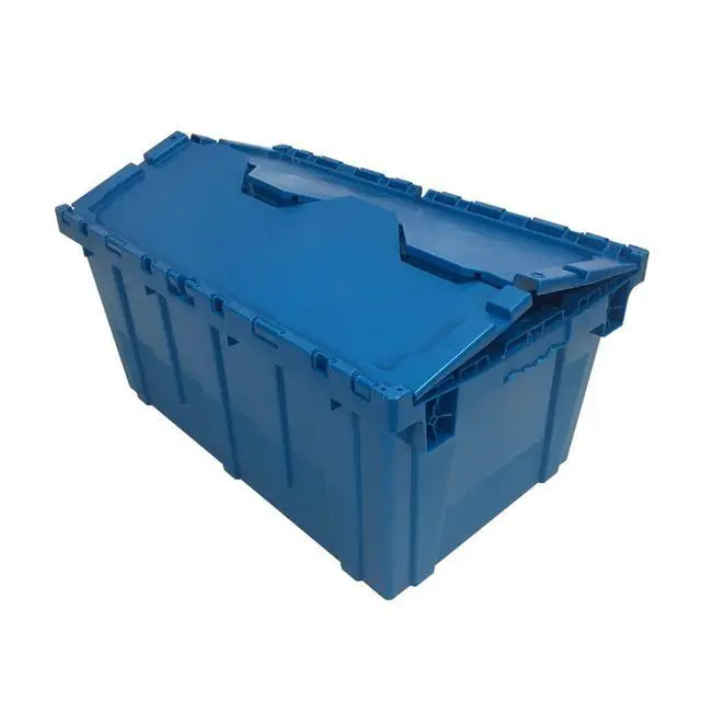 Alt view image 5 of 7 - Storage Plastic Tote Crate Attached Lid, 27"x16.9"x12.5", Blue, 2 Pack
