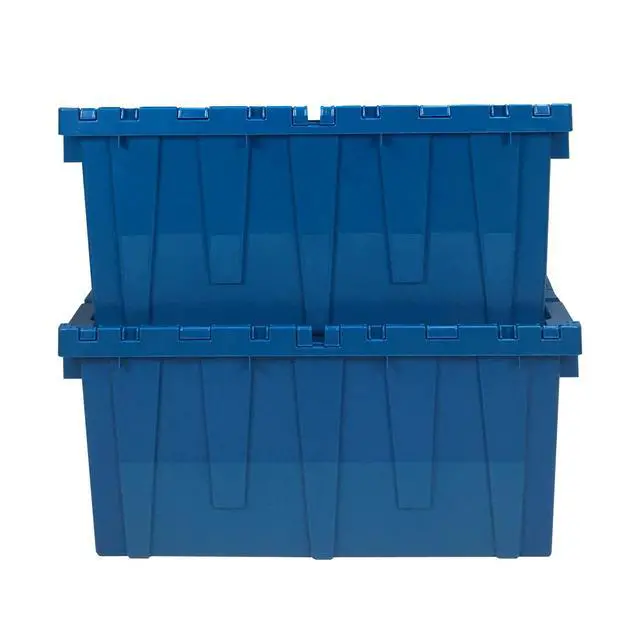 Alt view image 3 of 7 - Storage Plastic Tote Crate Attached Lid, 27"x16.9"x12.5", Blue, 2 Pack