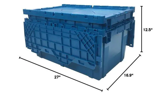 Alt view image 7 of 7 - Storage Plastic Tote Crate Attached Lid, 27"x16.9"x12.5", Blue, 2 Pack
