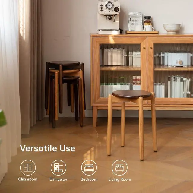 Alt view image 5 of 7 - Oak Stackable Stool, Small Plant Stand, Round Wooden Stool for Dining Room, Living Room, Entryway, Classroom, School, 15.4" x 15.4" x 16.7, Walnut Natural