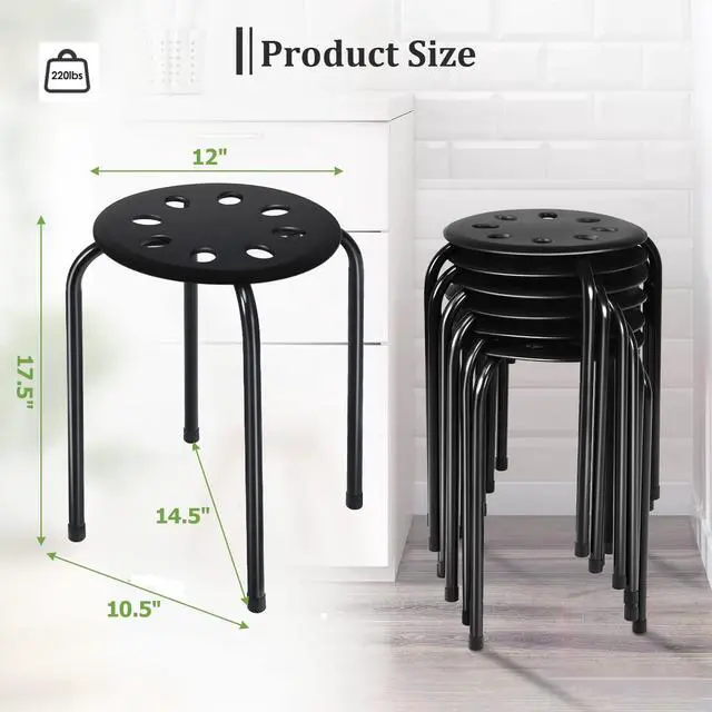Alt view image 3 of 7 - 17.5-inch Height 6-Pack Round Plastic Stack Stools, Black | Backless School Classroom Decoration Stools with Metal Frame, Portable Stackable Chairs for Kids Children Students