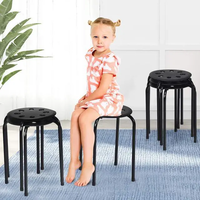 Alt view image 6 of 7 - 17.5-inch Height 6-Pack Round Plastic Stack Stools, Black | Backless School Classroom Decoration Stools with Metal Frame, Portable Stackable Chairs for Kids Children Students