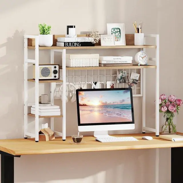 Alt view image 2 of 7 - Desktop Bookshelf for Monitors up to 32", 37" x 10" Countertop Organizer with 4 Open Shelves, Grid Panel with 6 Hooks, Anti-Tip Safety Kit, and Adjustable Feet for Home Office (White)