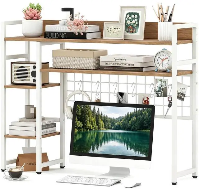 Main image of Desktop Bookshelf for Monitors up to 32", 37" x 10" Countertop Organizer with 4 Open Shelves, Grid Panel with 6 Hooks, Anti-Tip Safety Kit, and Adjustable Feet for Home Office (White)