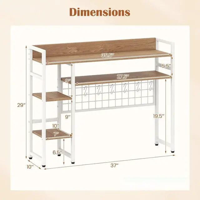 Alt view image 3 of 7 - Desktop Bookshelf for Monitors up to 32", 37" x 10" Countertop Organizer with 4 Open Shelves, Grid Panel with 6 Hooks, Anti-Tip Safety Kit, and Adjustable Feet for Home Office (White)