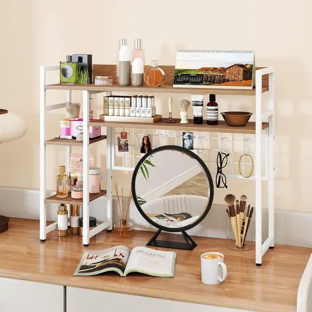 Alt view image 4 of 7 - Desktop Bookshelf for Monitors up to 32", 37" x 10" Countertop Organizer with 4 Open Shelves, Grid Panel with 6 Hooks, Anti-Tip Safety Kit, and Adjustable Feet for Home Office (White)