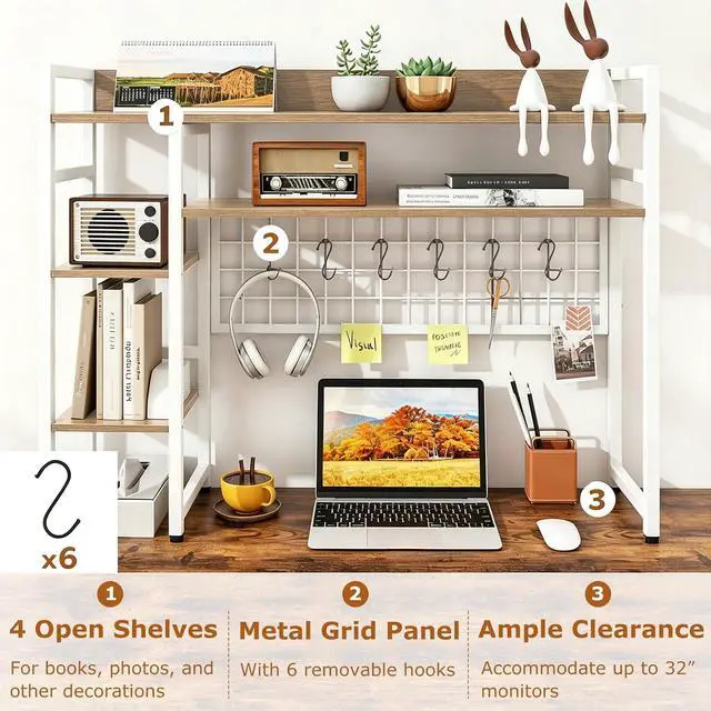 Alt view image 6 of 7 - Desktop Bookshelf for Monitors up to 32", 37" x 10" Countertop Organizer with 4 Open Shelves, Grid Panel with 6 Hooks, Anti-Tip Safety Kit, and Adjustable Feet for Home Office (White)