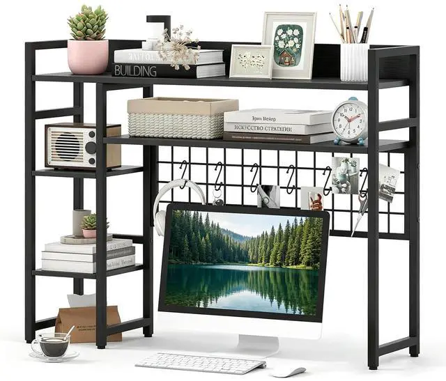 Main image of Desktop Bookshelf for Monitors up to 32", 37" x 10" Countertop Organizer with 4 Open Shelves, Grid Panel with 6 Hooks, Anti-Tip Safety Kit, and Adjustable Feet for Home Office (Black)