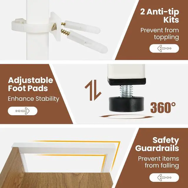 Alt view image 7 of 7 - Desktop Bookshelf for Monitors up to 32", 37" x 10" Countertop Organizer with 4 Open Shelves, Grid Panel with 6 Hooks, Anti-Tip Safety Kit, and Adjustable Feet for Home Office (White)